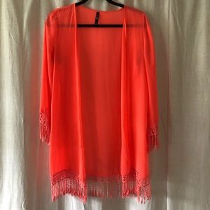 Sheer chiffon with fringe kimono cover up